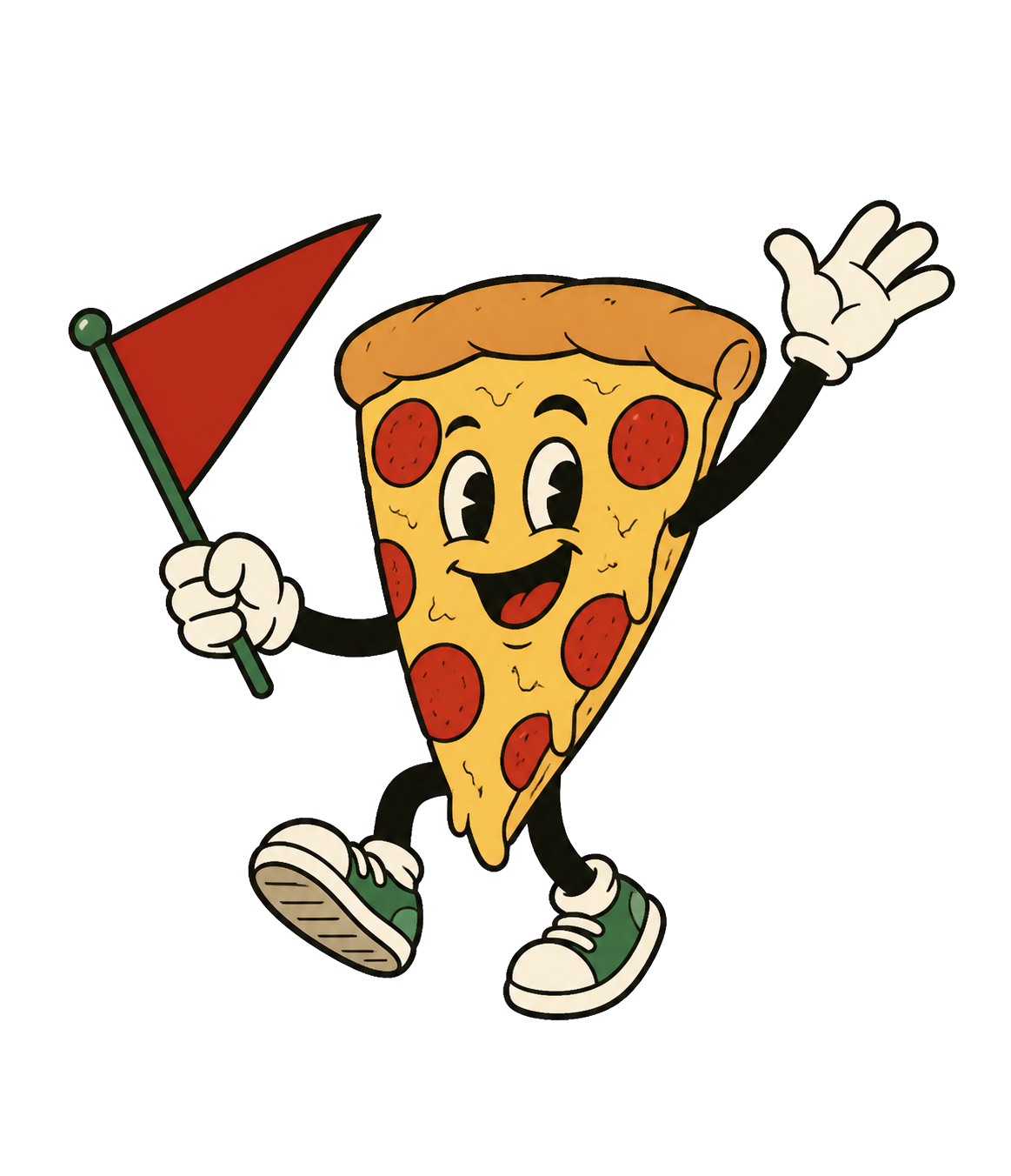 Brooklyn Pizzeria Spirit Night mascot holding a red flag